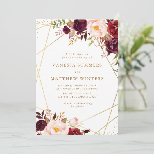 幾何学的金ゴールドフレームバーガンディ結婚フローラ 招待状