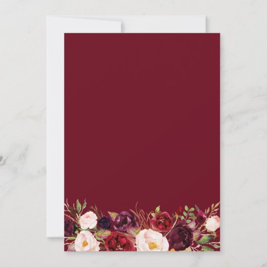 幾何学的金ゴールドフレームバーガンディ結婚フローラ 招待状 (裏面)