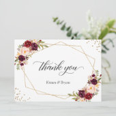 幾何学的金ゴールドフレームバーガンディ赤フローラ サンキューカード (スタンド正面)