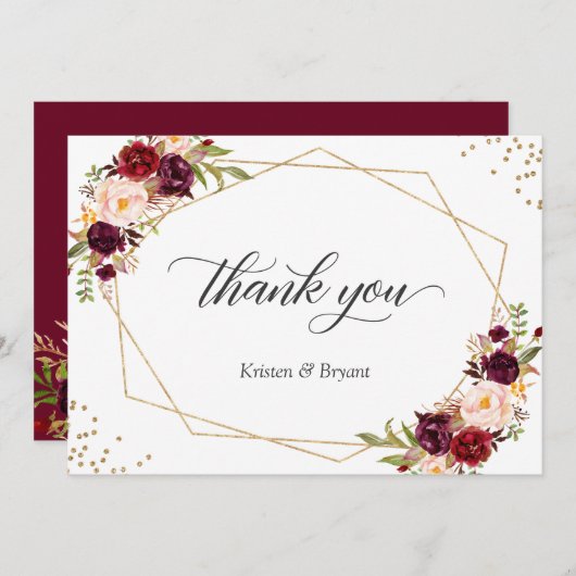 幾何学的金ゴールドフレームバーガンディ赤フローラ サンキューカード (正面/裏面)