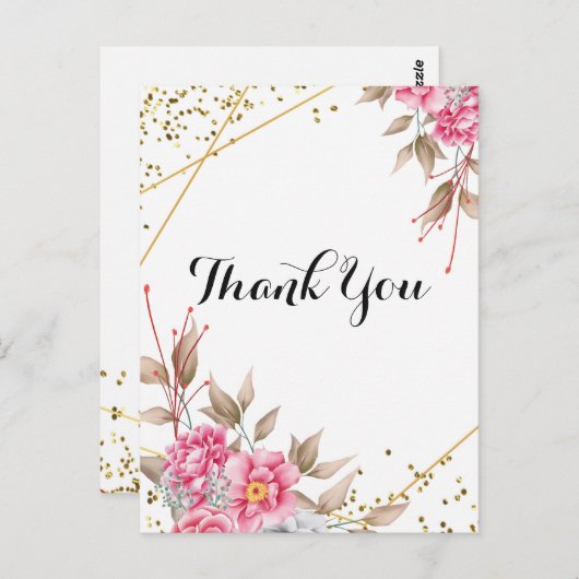 幾何学的金ゴールドフレームピンクフローラありがとう ポストカード (正面/裏面)