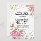 幾何学的金ゴールドフレームピンクフローラの卒業 招待状 (正面)