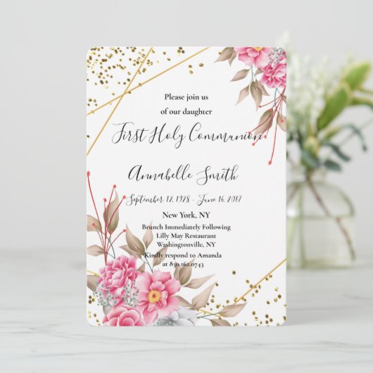幾何学的金ゴールドフレームピンクフローラファーストホーリーコム 招待状 (スタンド正面)