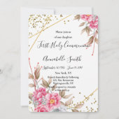 幾何学的金ゴールドフレームピンクフローラファーストホーリーコム 招待状 (正面)