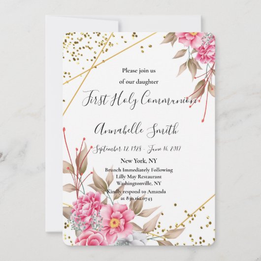幾何学的金ゴールドフレームピンクフローラファーストホーリーコム 招待状 (正面)