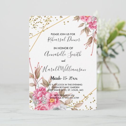 幾何学的金ゴールドフレームピンクフローラリハーサルディナー 招待状 (スタンド正面)