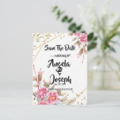 幾何学的金ゴールドフレームピンクフローラ保存日付 案内ポストカード (スタンド正面)