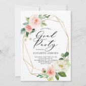 幾何学的金ゴールドフレームピンクフローラ卒業パーティー 招待状 (正面)