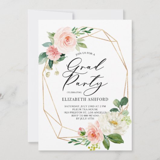 幾何学的金ゴールドフレームピンクフローラ卒業パーティー 招待状 (正面)