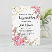 幾何学的金ゴールドフレームピンクフローラ婚約 招待状 (スタンド正面)