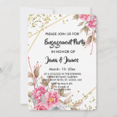 幾何学的金ゴールドフレームピンクフローラ婚約 招待状 (正面)