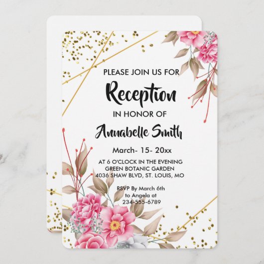 幾何学的金ゴールドフレームピンクフローラ披露宴 招待状 (正面/裏面)