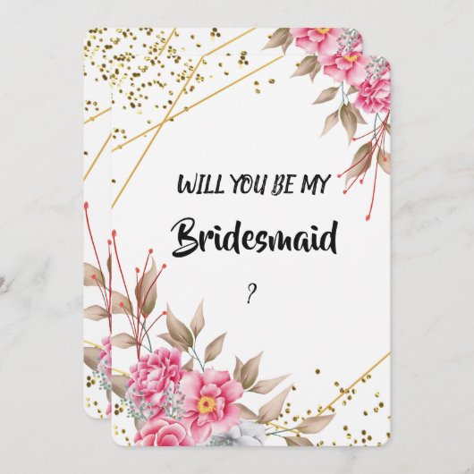 幾何学的金ゴールドフレームピンクフローラ花嫁 招待状 (正面/裏面)