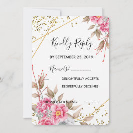 幾何学的金ゴールドフレームピンクフローラRSVP 招待状