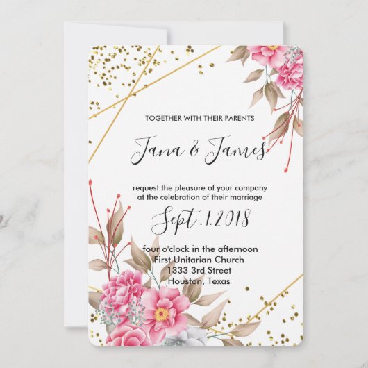 幾何学的金ゴールドフレームピンク結婚フローラ 招待状 (正面)