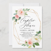 幾何学的金ゴールドフレームピンク花模様カップルシャワー 招待状 (正面)