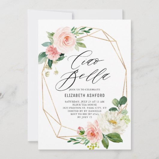 幾何学的金ゴールドフレームピンク花模様チャオベラ 招待状 (正面)