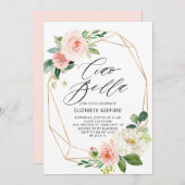 幾何学的金ゴールドフレームピンク花模様チャオベラ 招待状 (正面/裏面)