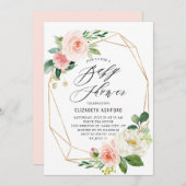 幾何学的金ゴールドフレームピンク花模様ベビーシャワー 招待状 (正面/裏面)