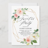 幾何学的金ゴールドフレームピンク花模様甘い16パーティー 招待状 (正面)