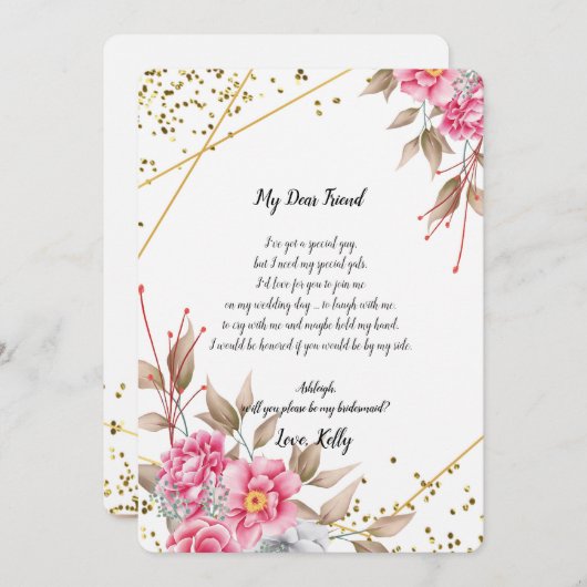 幾何学的金ゴールドフレームピンクFlが私の花嫁になる 招待状 (正面/裏面)