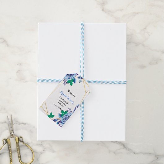 幾何学的金ゴールドフレームブルーフローラブライダルシャワー ギフトタグ (より糸付き)