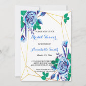 幾何学的金ゴールドフレームブルーフローラブライダルシャワー 招待状 (正面)