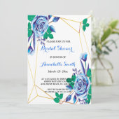 幾何学的金ゴールドフレームブルーフローラブライダルシャワー 招待状 (スタンド正面)