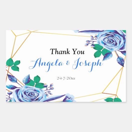 幾何学的金ゴールドフレームブルーフローララウンドステッカー 長方形シール (正面)