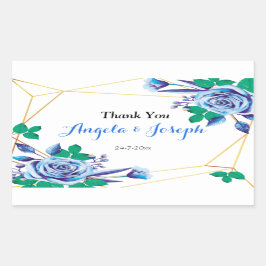 幾何学的金ゴールドフレームブルーフローララウンドステッカー 長方形シール