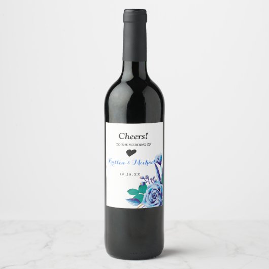 幾何学的金ゴールドフレームブルーフローラ結婚ズワイン ワインラベル (正面)