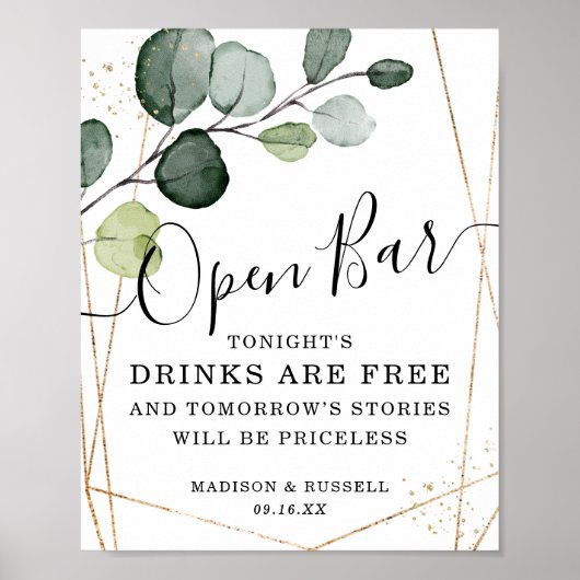 幾何学的金ゴールドフレームユーカリ開いたバー標識 ポスター (正面)