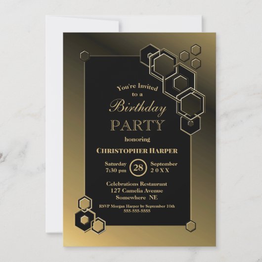 幾何学的金ゴールドフレーム誕生日パーティ 招待状 (正面)