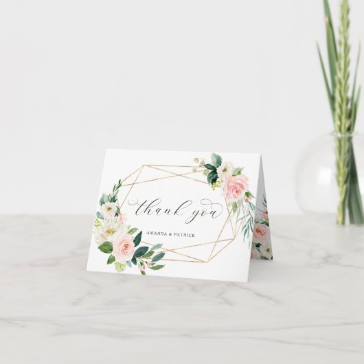 幾何学的金ゴールドフレーム赤面ピンクフローラありがとう カード (正面)
