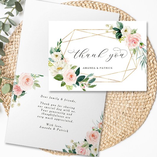 幾何学的金ゴールドフレーム赤面ピンクフローラありがとう カード