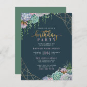 幾何学的金ゴールドフレーム&多肉誕生日パーティー インビテーションポストカード (正面/裏面)