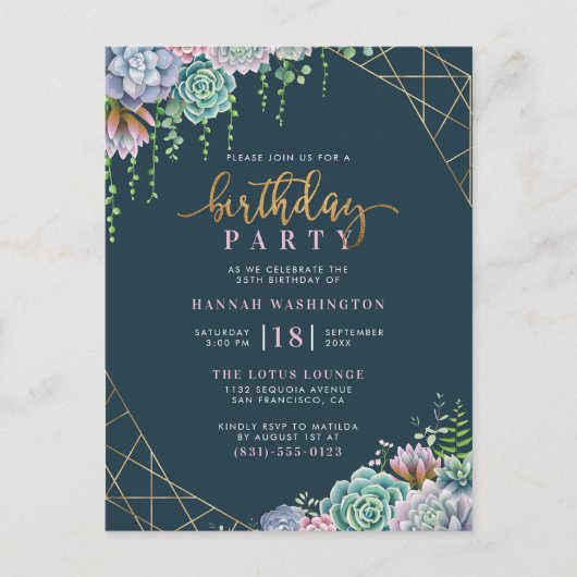 幾何学的金ゴールドフレーム&多肉誕生日パーティー インビテーションポストカード (正面)