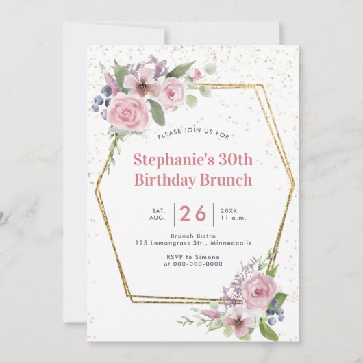 幾何学的金ゴールドフローラフレームバラ30th誕生日 招待状 (正面)