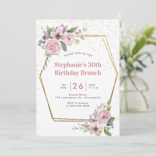 幾何学的金ゴールドフローラフレームバラ30th誕生日 招待状 (スタンド正面)