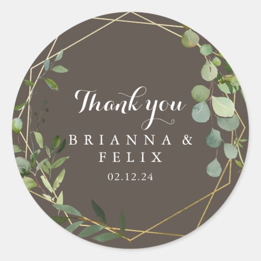 幾何学的金ゴールドブラウンサンキュー結婚式の引き出物 ラウンドシール (正面)
