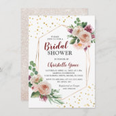 幾何学的金ゴールドブルガンディボホフラワーズブライダルシャワー 招待状 (正面/裏面)