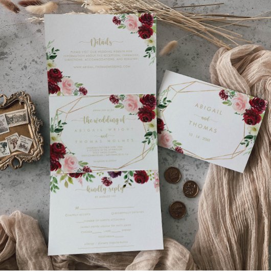 幾何学的金ゴールドブルゴーニュ春結婚フローラ 三つ折り招待状