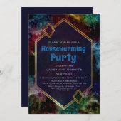 幾何学的金ゴールドブルーグリッター引っ越し祝いパーティーパーティー 招待状 (正面/裏面)