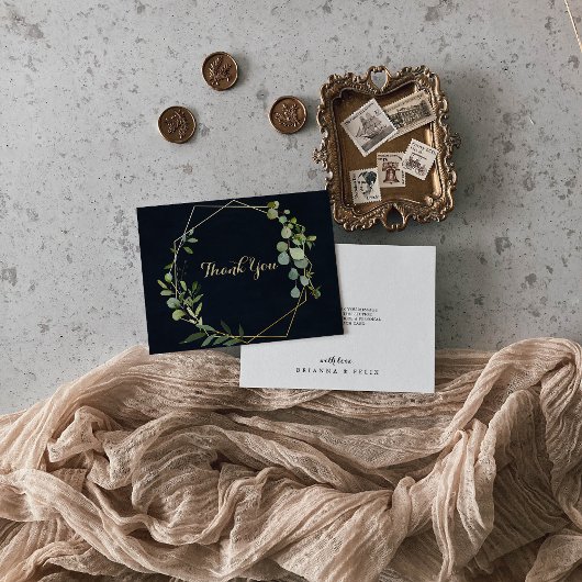 幾何学的金ゴールドブルーグリーンユーカリ結婚フラットズ サンキューカード