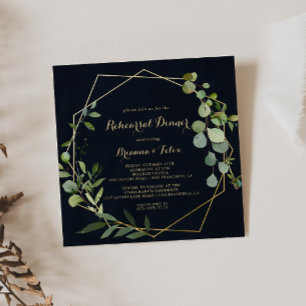 幾何学的金ゴールドブルーグリーンリハーサルディナー 招待状