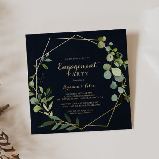 幾何学的金ゴールドブルーグリーン婚約パーティ 招待状