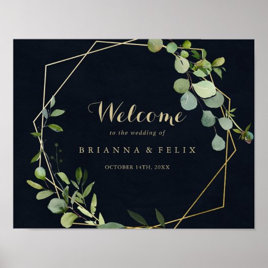 幾何学的金ゴールドブルーグリーン結婚のウェルカムサイン ポスター (正面)