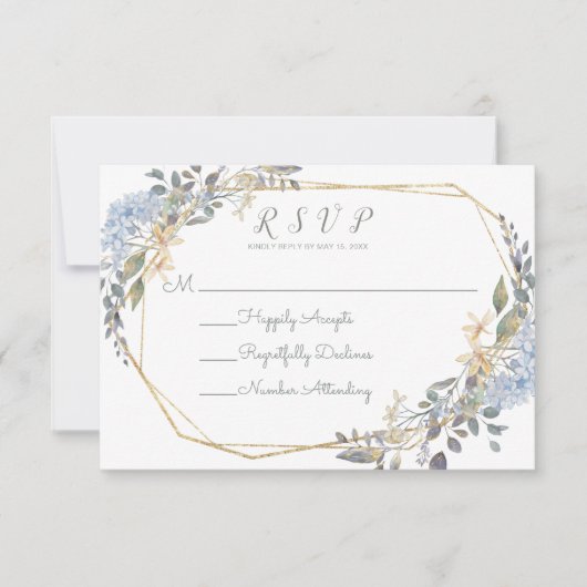 幾何学的金ゴールドブルー花模様フードアレルギーRSVP 招待状 (正面)