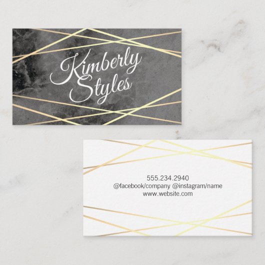 幾何学的金ゴールドホワイトフォイル黒大理石で輝く 名刺 (正面/裏面)