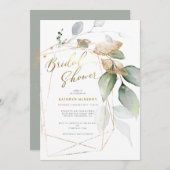 幾何学的金ゴールドユーカリプスグリーンブライダルシャワーI 招待状 (正面/裏面)